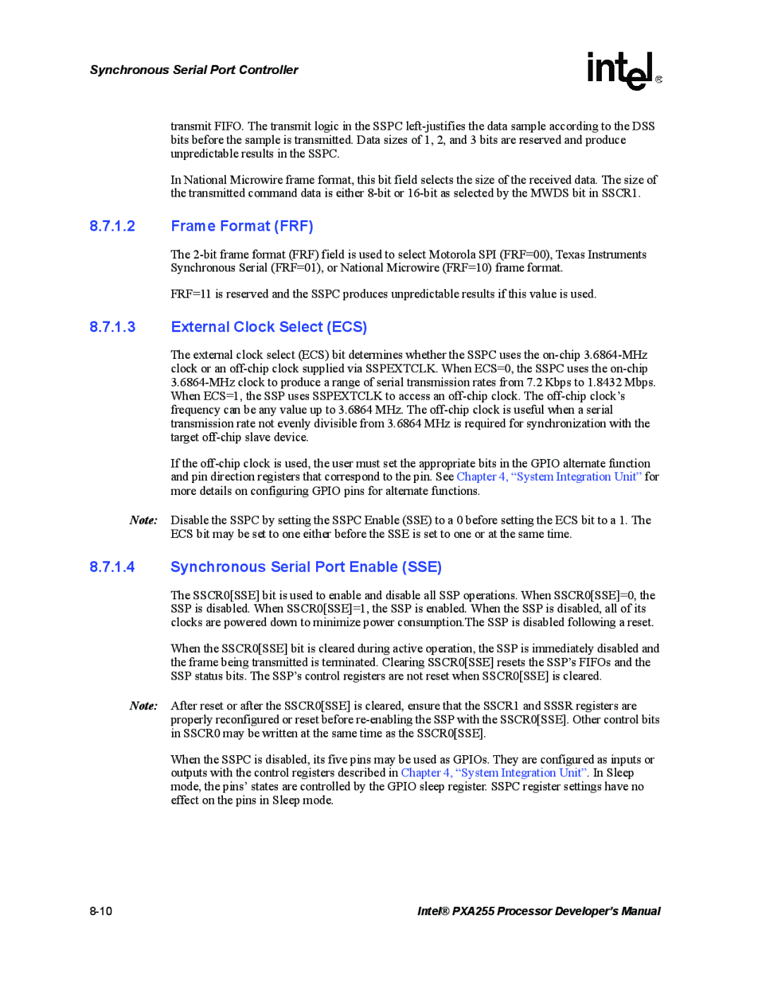 Intel PXA255 manual Frame Format FRF, External Clock Select ECS, Synchronous Serial Port Enable SSE 