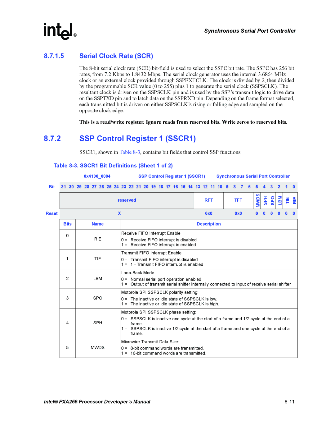 Intel PXA255 manual SSP Control Register 1 SSCR1, Serial Clock Rate SCR, SSCR1 Bit Definitions Sheet 1 