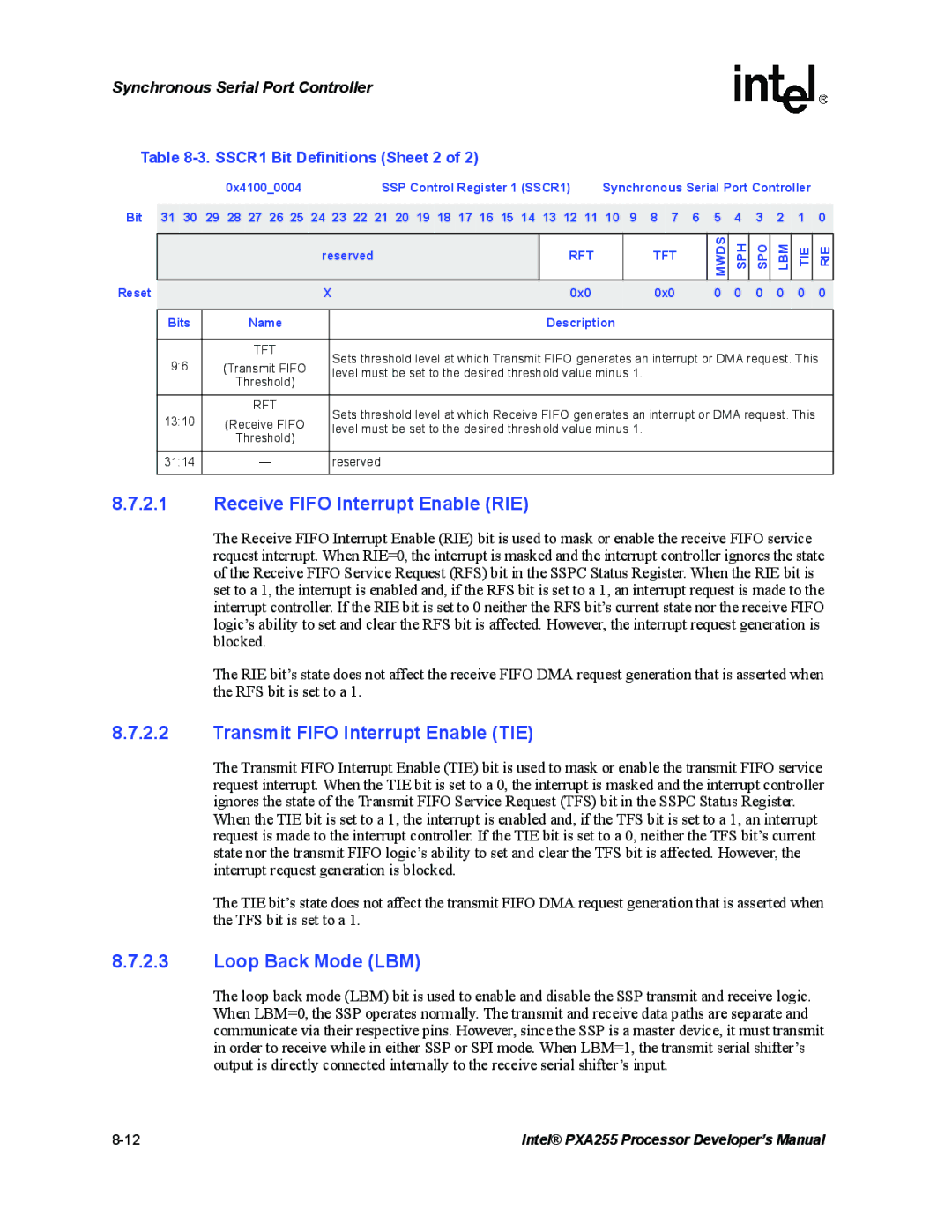 Intel PXA255 manual Receive Fifo Interrupt Enable RIE, Transmit Fifo Interrupt Enable TIE, Loop Back Mode LBM 