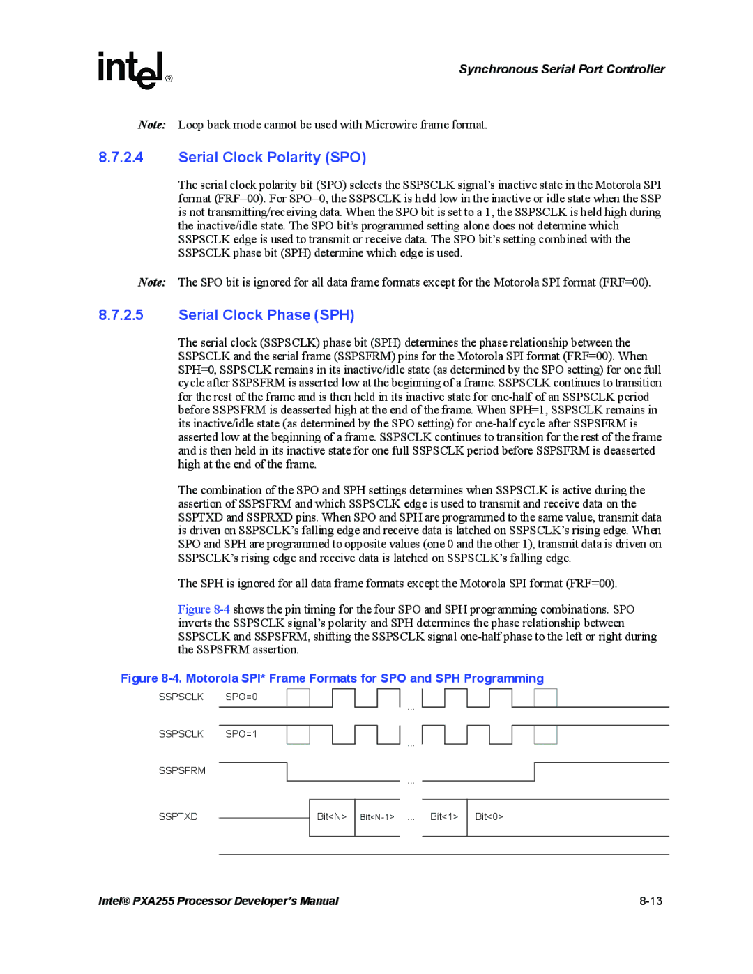 Intel PXA255 manual Serial Clock Polarity SPO, Serial Clock Phase SPH, Sspsclk SPO=0 Sspsclk SPO=1 Sspsfrm Ssptxd 