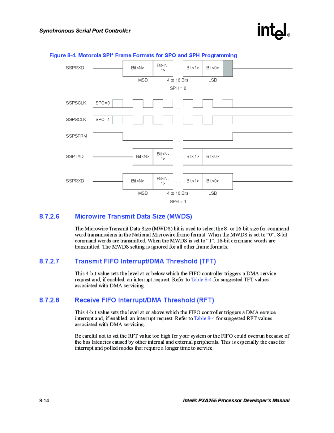 Intel PXA255 manual Microwire Transmit Data Size Mwds, Transmit Fifo Interrupt/DMA Threshold TFT 