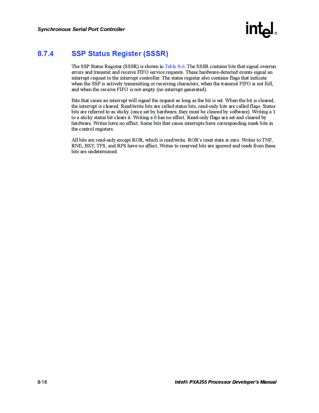 Intel PXA255 manual SSP Status Register Sssr 