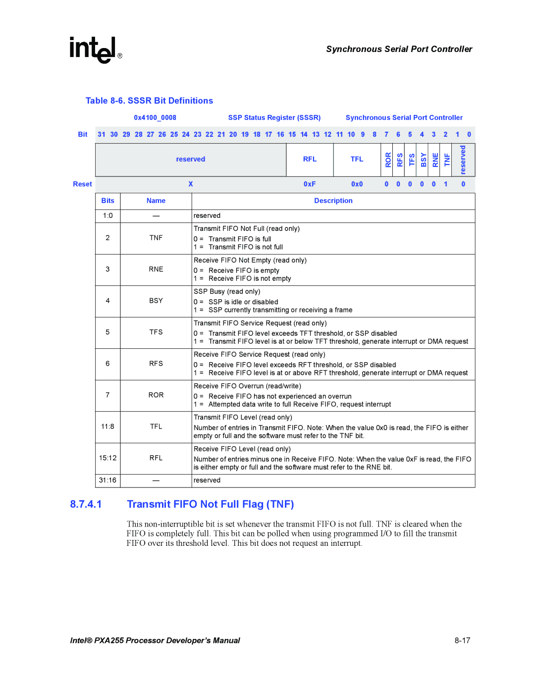 Intel PXA255 manual Transmit Fifo Not Full Flag TNF, Sssr Bit Definitions, Rfl Tfl Ror Rfs Tfs Bsy Rne Tnf 