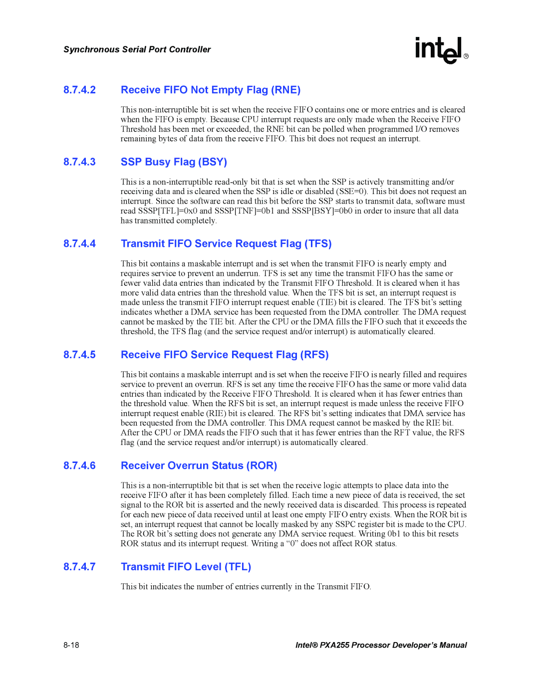 Intel PXA255 manual Receive Fifo Not Empty Flag RNE, SSP Busy Flag BSY, Transmit Fifo Service Request Flag TFS 