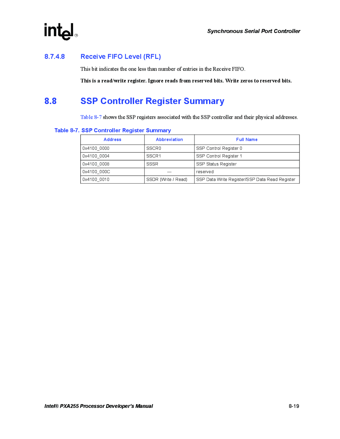 Intel PXA255 manual SSP Controller Register Summary, Receive Fifo Level RFL, Address Abbreviation Full Name 