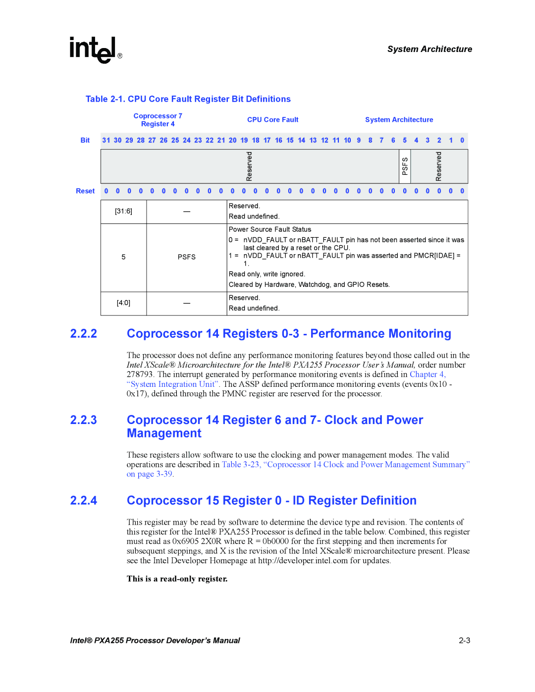 Intel PXA255 Coprocessor 14 Registers 0-3 Performance Monitoring, Coprocessor 15 Register 0 ID Register Definition, Psfs 