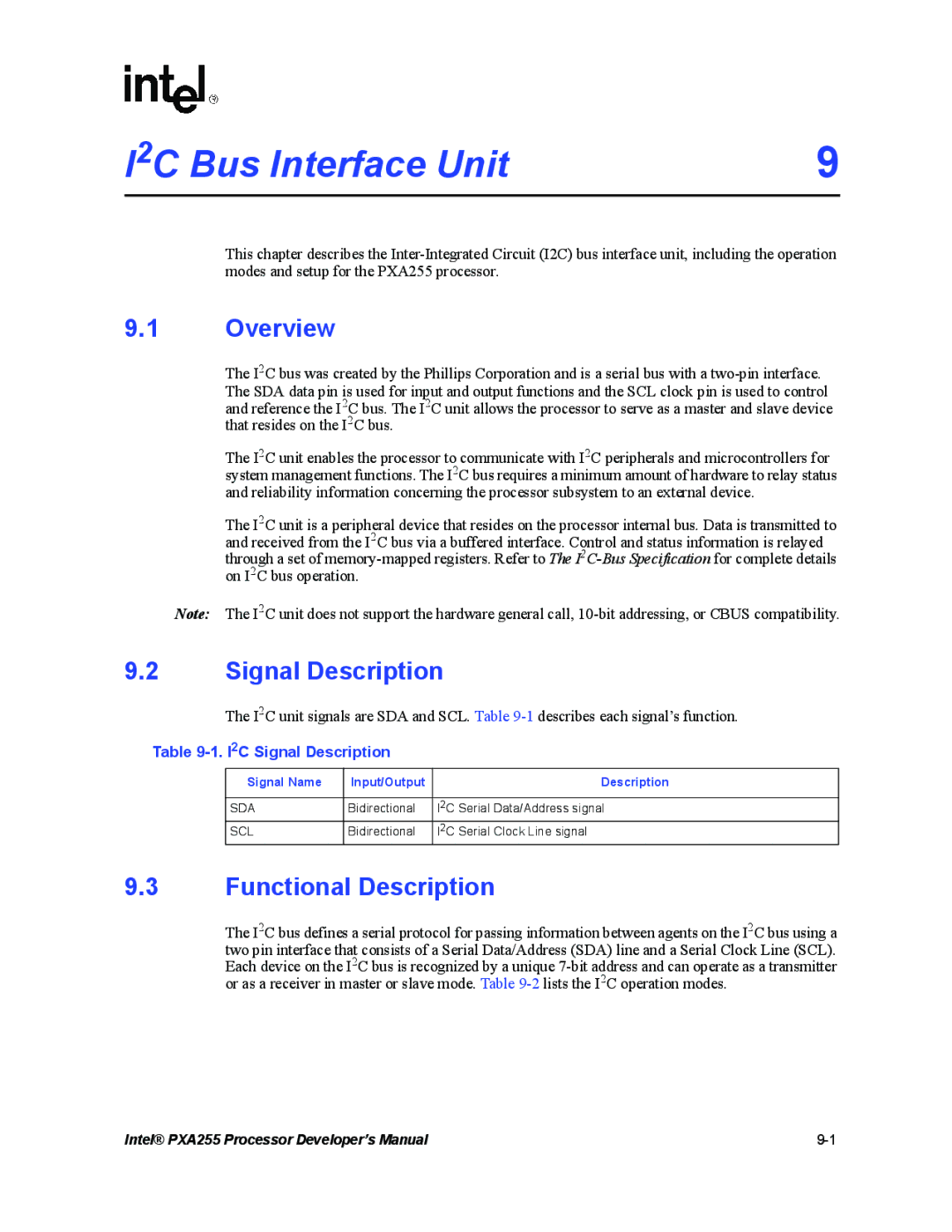 Intel PXA255 manual I2C Signal Description, Signal Name Input/Output Description, Sda, Scl 