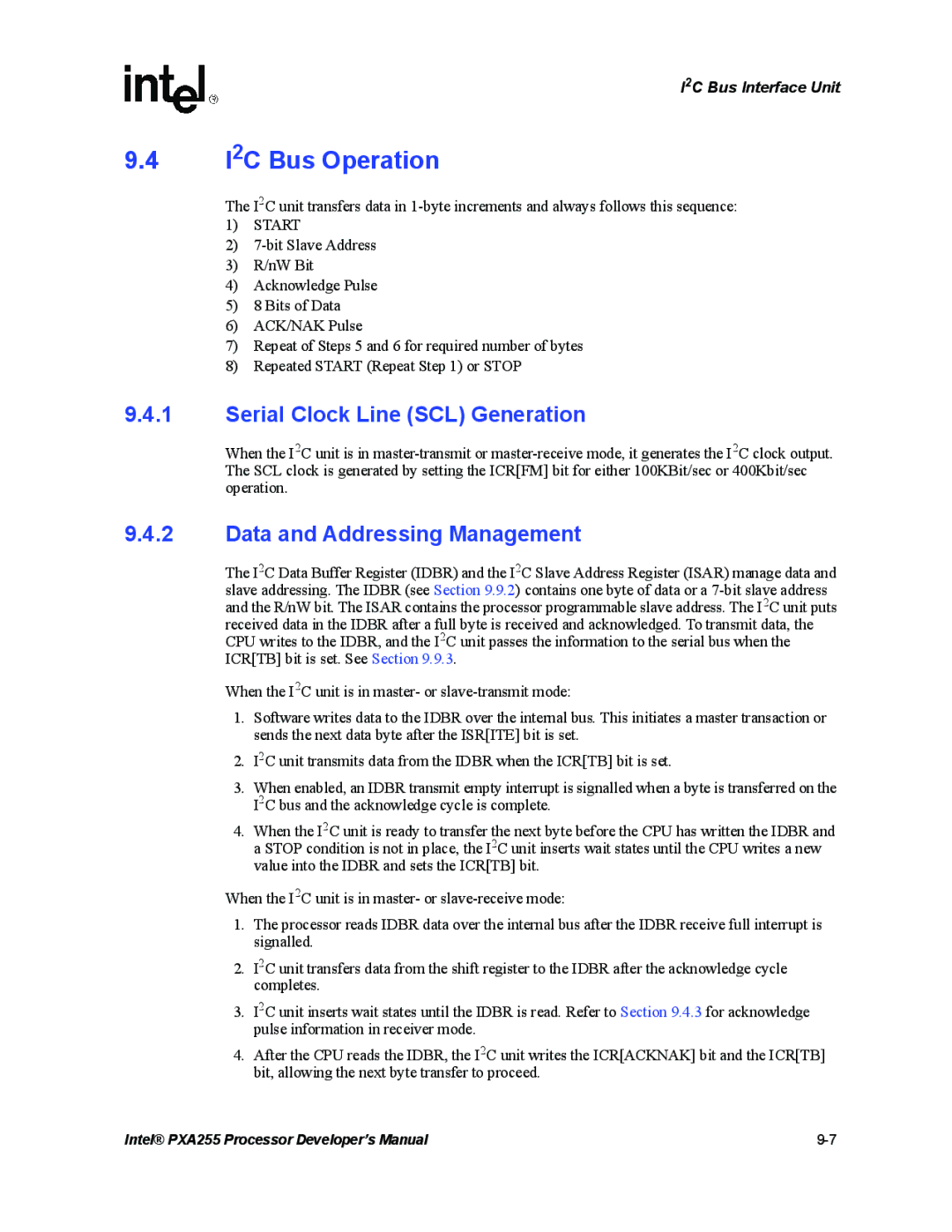 Intel PXA255 manual I2C Bus Operation, Serial Clock Line SCL Generation, Data and Addressing Management 