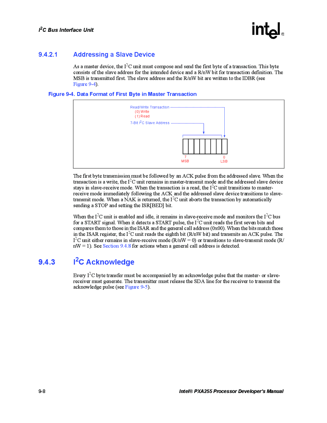 Intel PXA255 manual 3 I2C Acknowledge, Addressing a Slave Device 