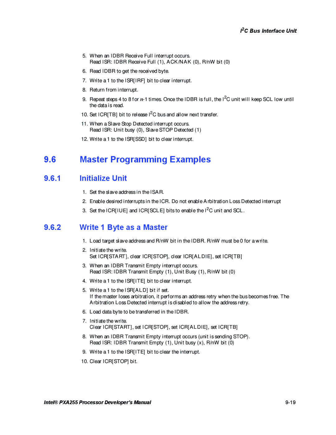 Intel PXA255 manual Master Programming Examples, Write 1 Byte as a Master 