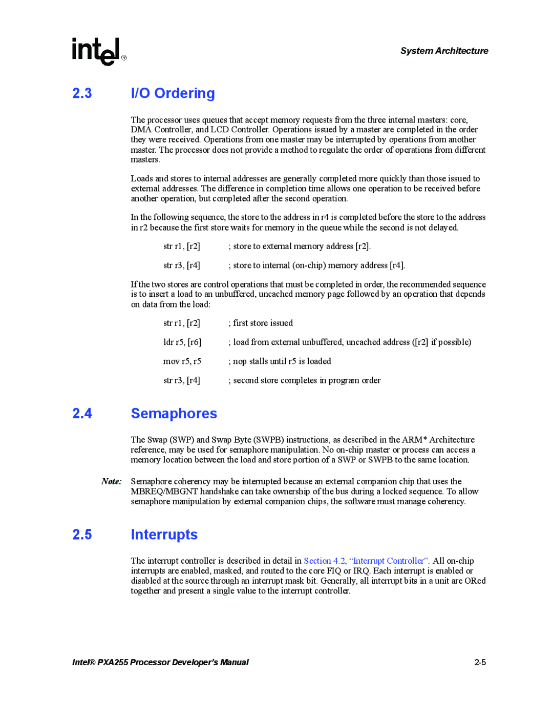 Intel PXA255 manual I/O Ordering, Semaphores, Interrupts 