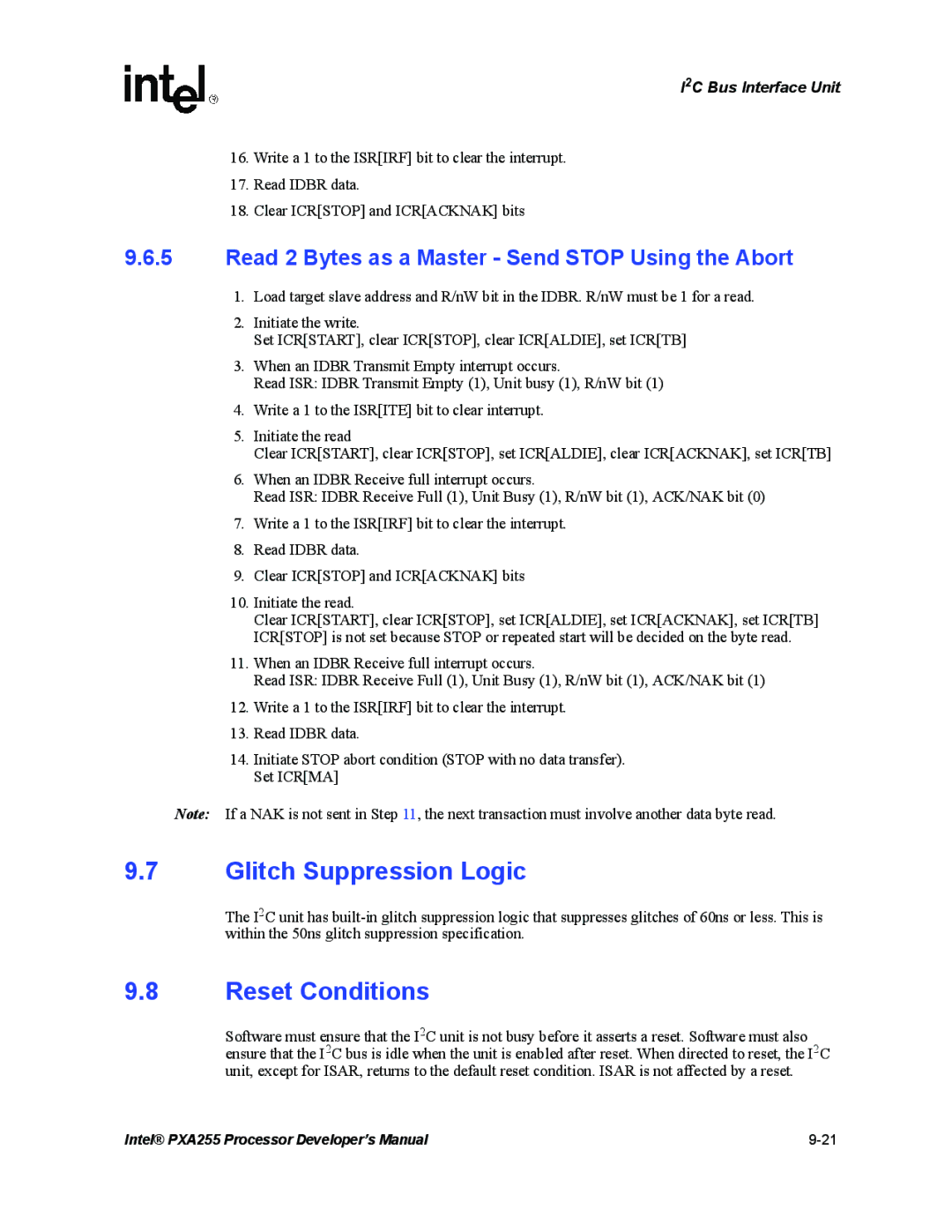 Intel PXA255 manual Glitch Suppression Logic, Reset Conditions, Read 2 Bytes as a Master Send Stop Using the Abort 