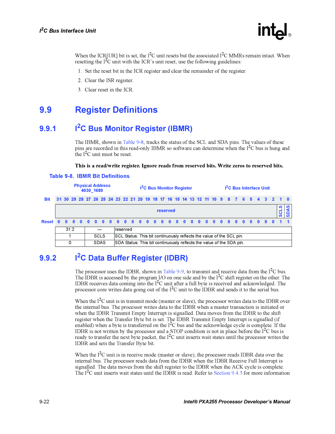 Intel PXA255 Register Definitions, 1 I2C Bus Monitor Register Ibmr, 2 I2C Data Buffer Register Idbr, Ibmr Bit Definitions 