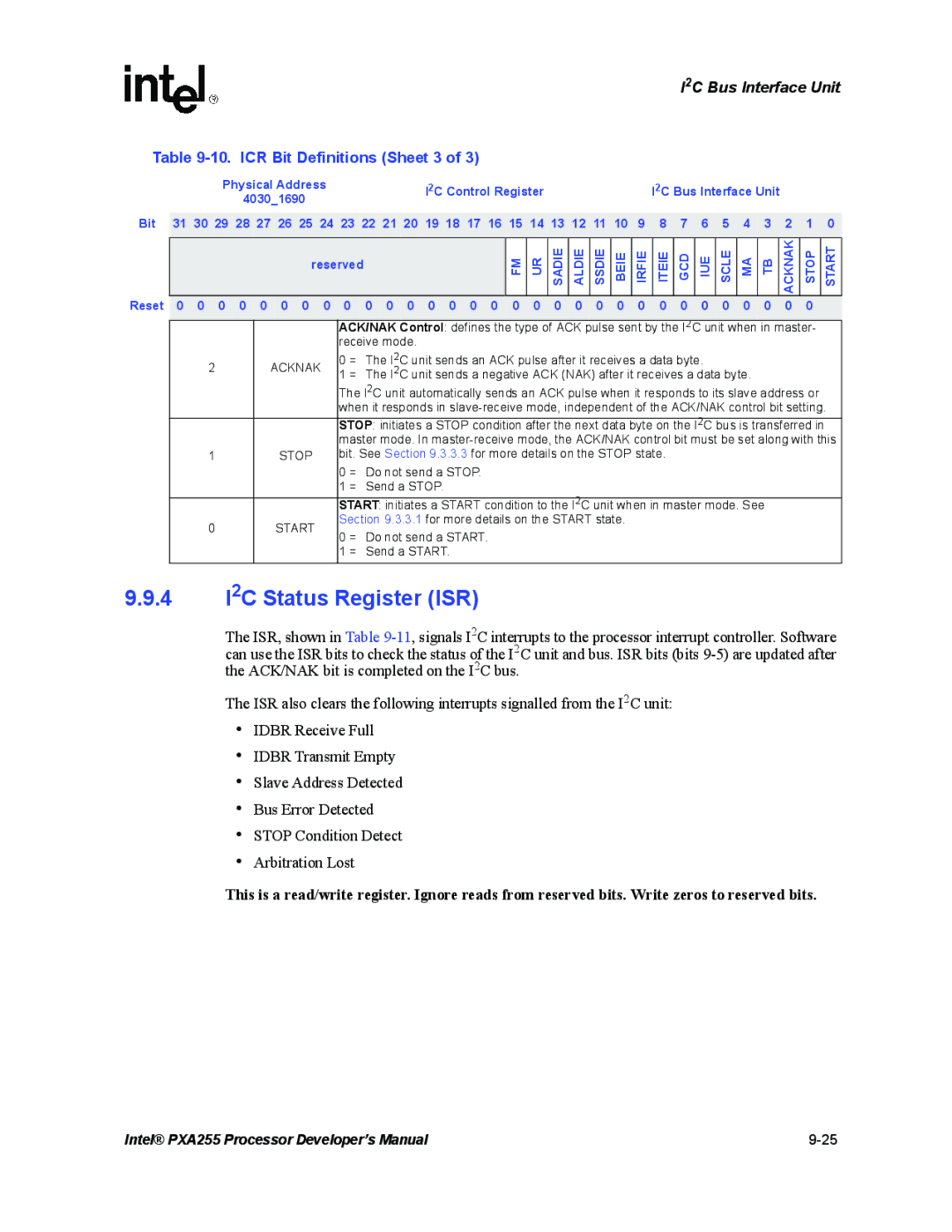 Intel PXA255 manual 4 I2C Status Register ISR, ICR Bit Definitions Sheet 3, Receive mode 