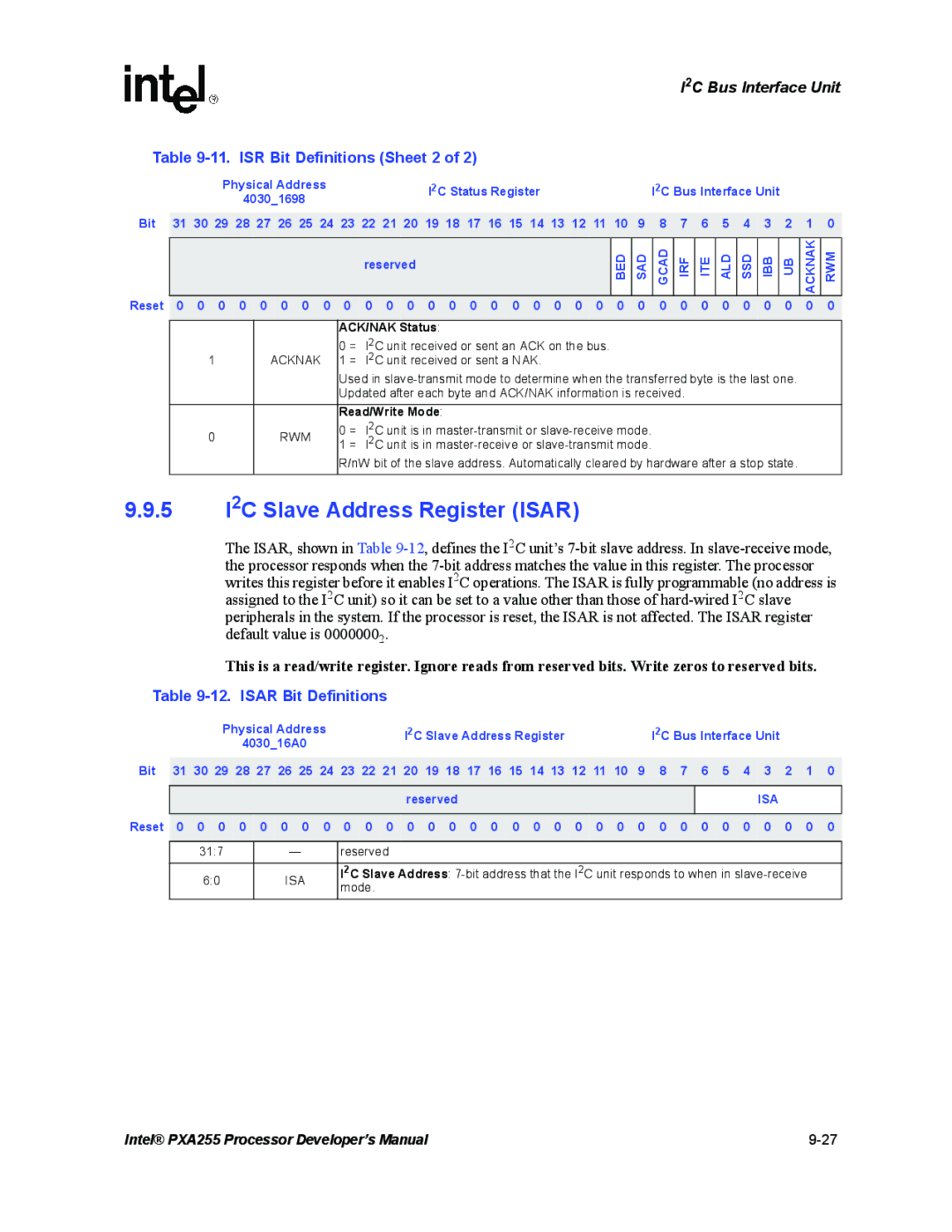 Intel PXA255 manual 5 I2C Slave Address Register Isar, ISR Bit Definitions Sheet 2, Isar Bit Definitions 