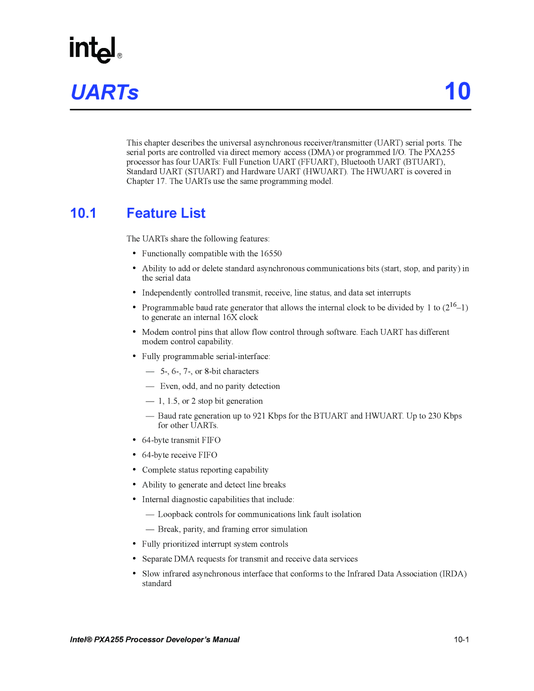 Intel PXA255 manual UARTs, Feature List 