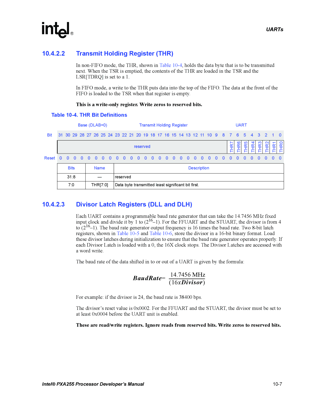 Intel PXA255 manual Transmit Holding Register THR, Divisor Latch Registers DLL and DLH, THR Bit Definitions 