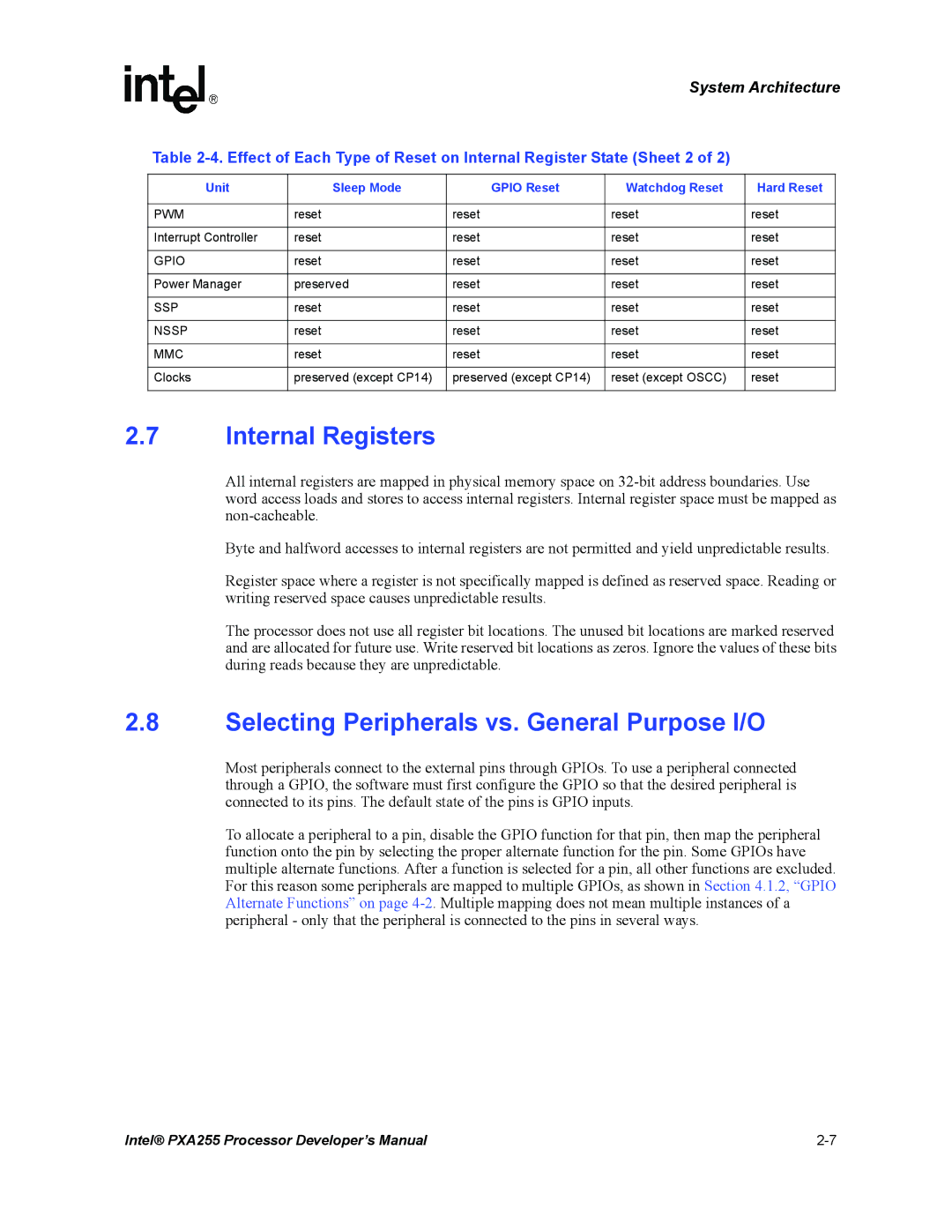 Intel PXA255 manual Internal Registers, Selecting Peripherals vs. General Purpose I/O 