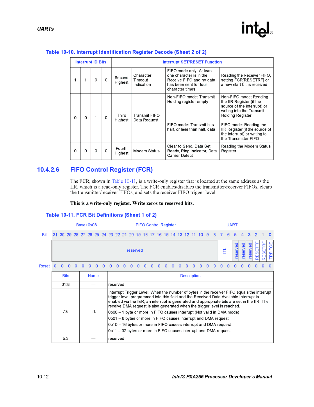 Intel PXA255 Fifo Control Register FCR, Interrupt Identification Register Decode Sheet 2, FCR Bit Definitions Sheet 1, Itl 