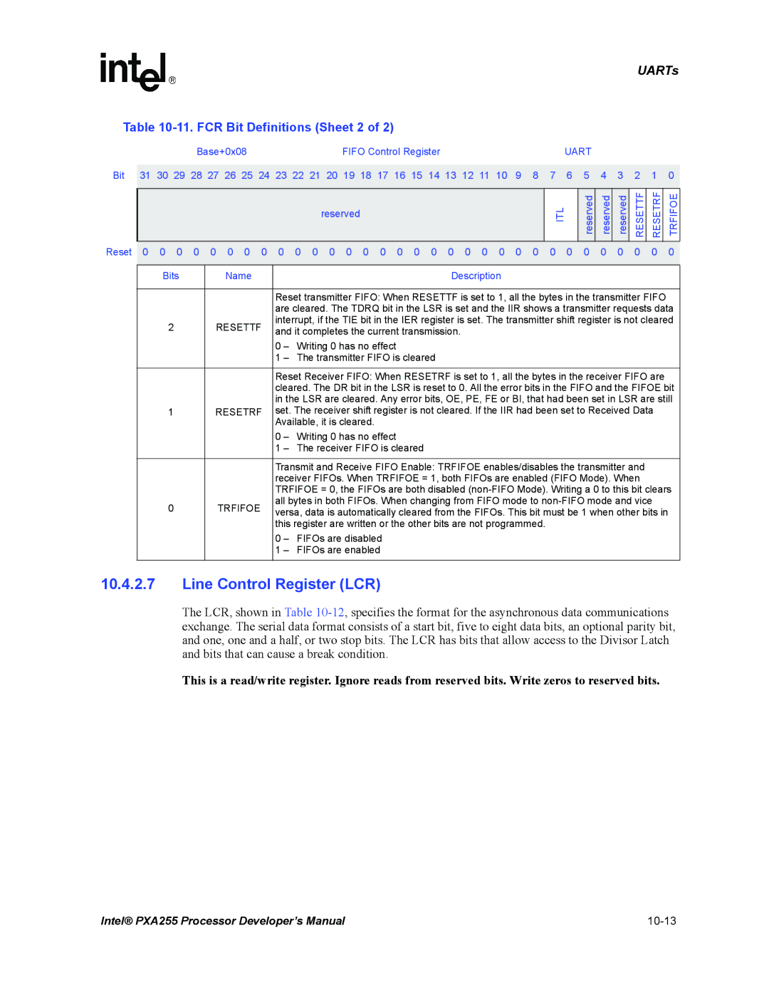 Intel PXA255 manual Line Control Register LCR, FCR Bit Definitions Sheet 2 