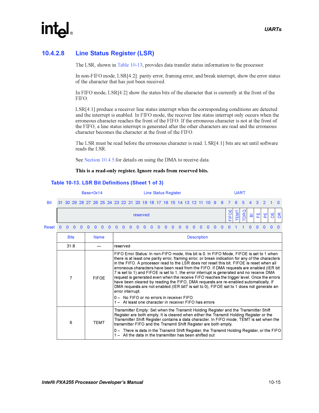 Intel PXA255 manual Line Status Register LSR, LSR Bit Definitions Sheet 1, Fifoe, Temt 