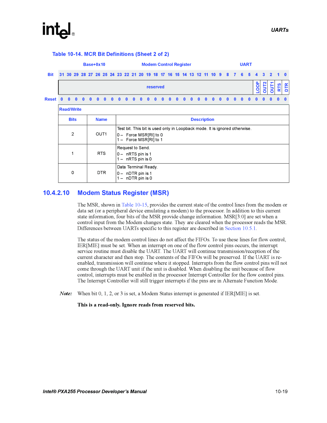 Intel PXA255 manual Modem Status Register MSR, MCR Bit Definitions Sheet 2, Base+0x10 Modem Control Register 