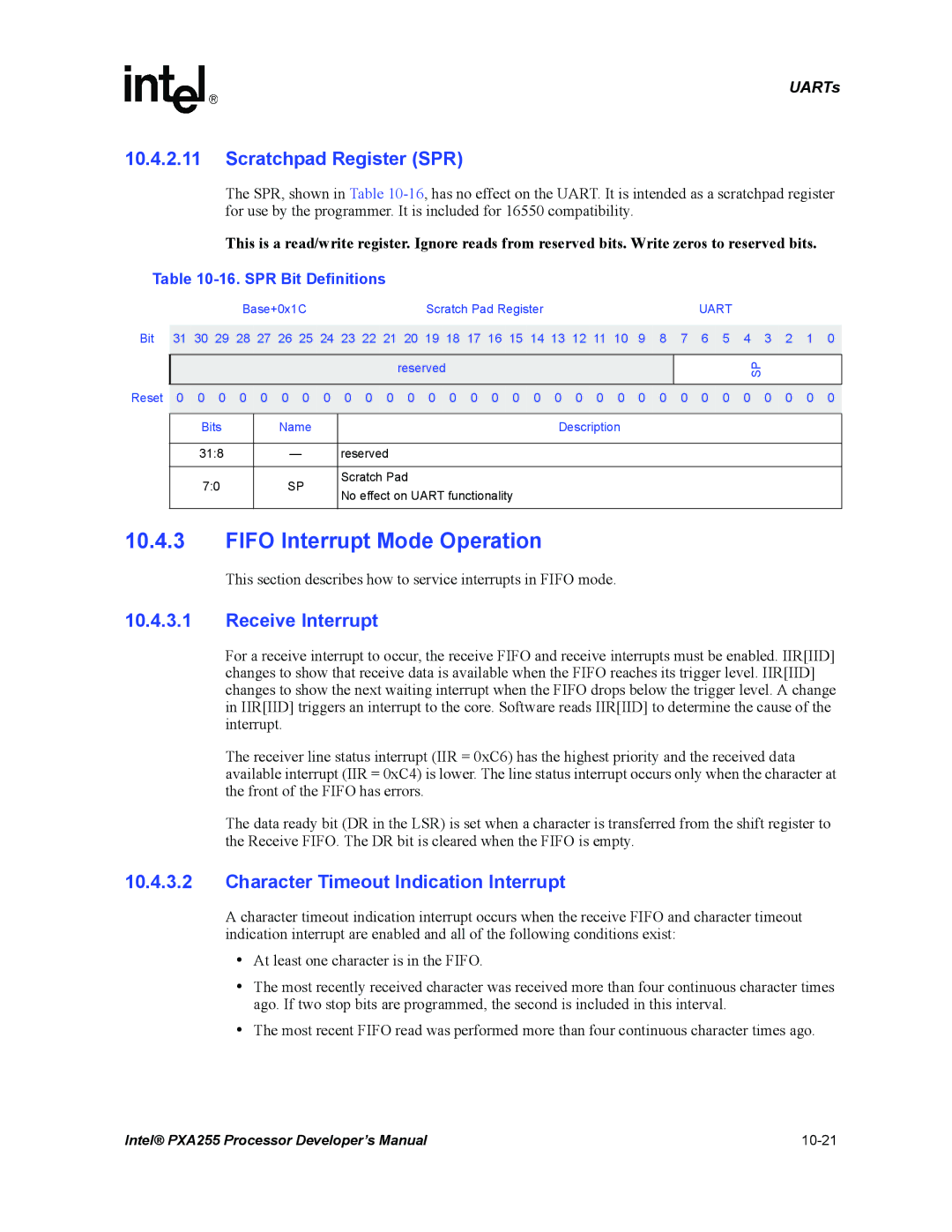 Intel PXA255 manual Fifo Interrupt Mode Operation, Scratchpad Register SPR, Receive Interrupt, SPR Bit Definitions 