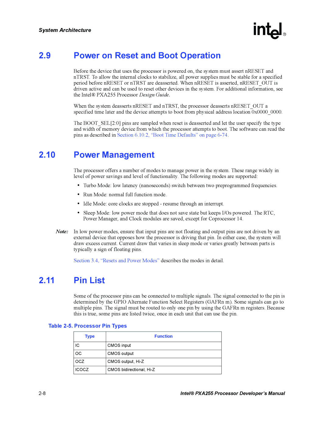 Intel PXA255 manual Power on Reset and Boot Operation, Power Management, Pin List, Processor Pin Types, Type Function 