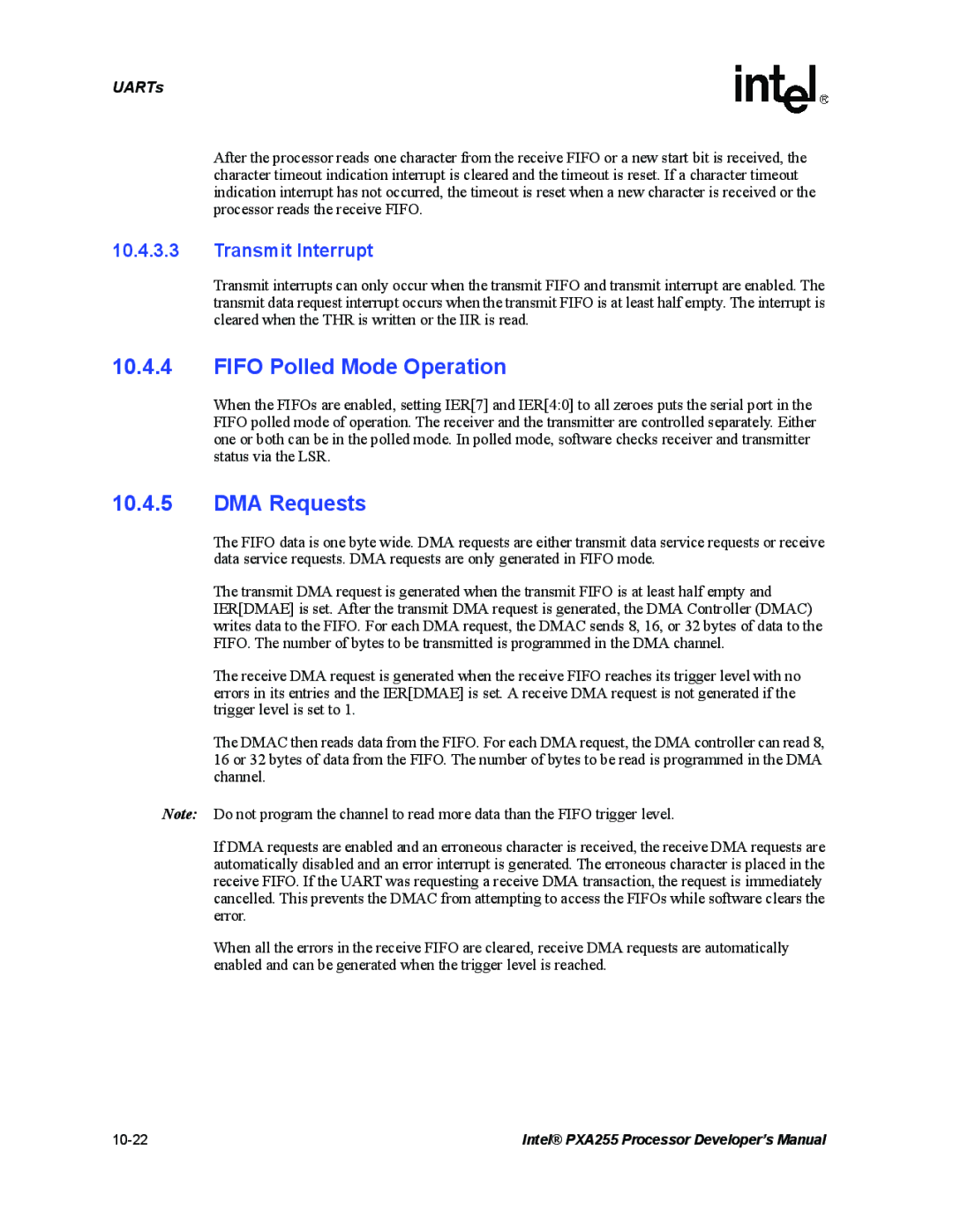 Intel PXA255 manual Fifo Polled Mode Operation, DMA Requests, Transmit Interrupt 