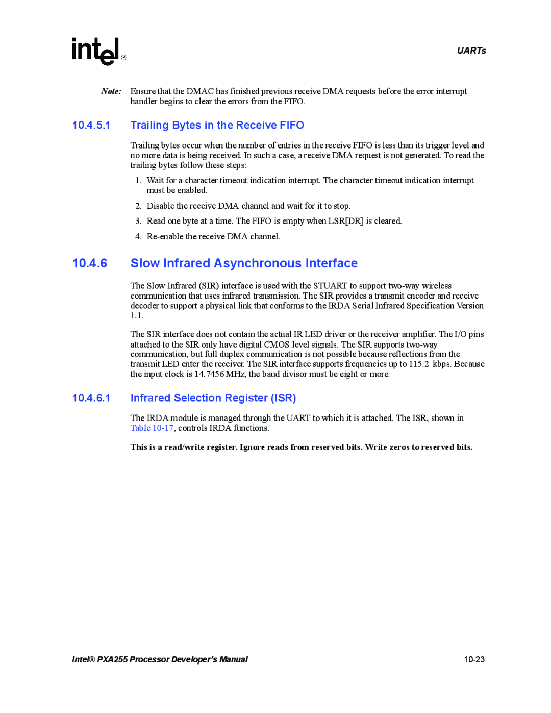 Intel PXA255 Slow Infrared Asynchronous Interface, Trailing Bytes in the Receive Fifo, Infrared Selection Register ISR 