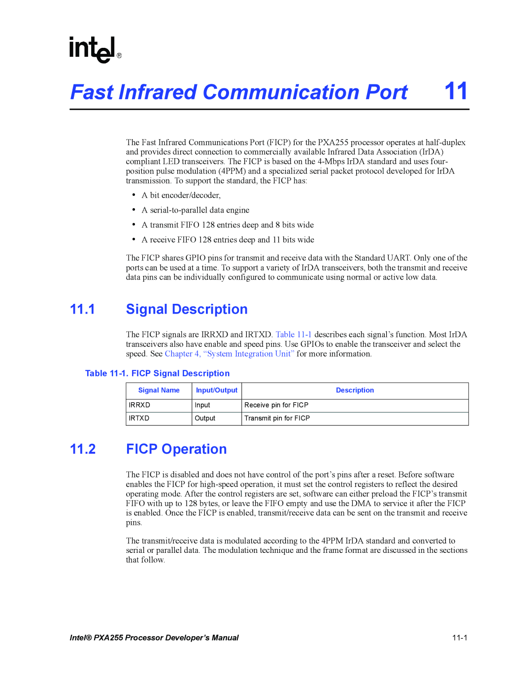 Intel PXA255 manual Ficp Operation, Ficp Signal Description 