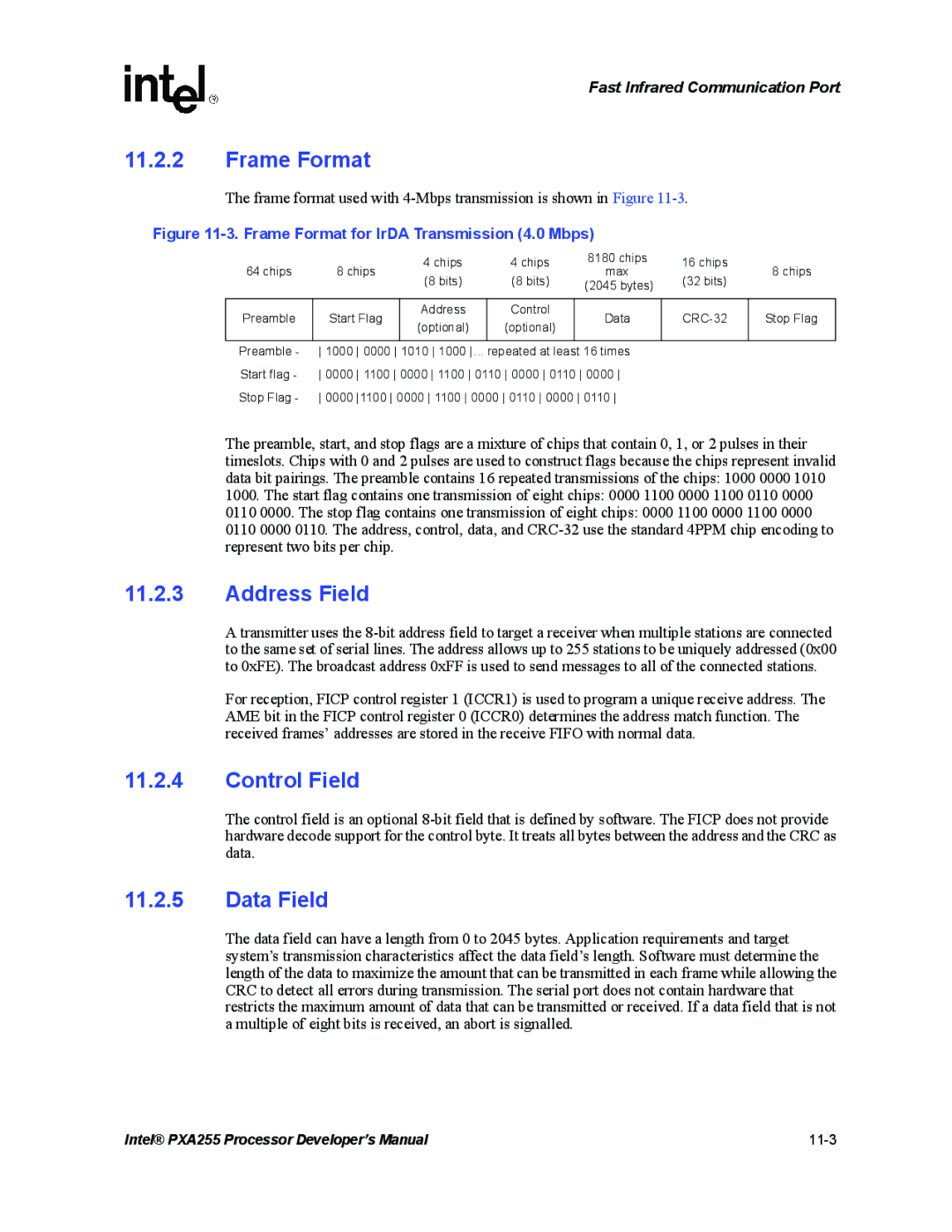 Intel PXA255 manual Frame Format, Address Field, Control Field, Data Field 