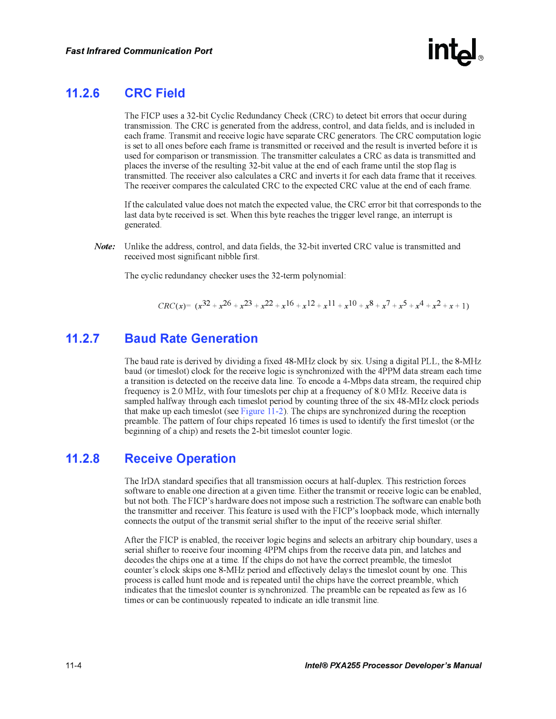 Intel PXA255 manual CRC Field, Baud Rate Generation, Receive Operation 