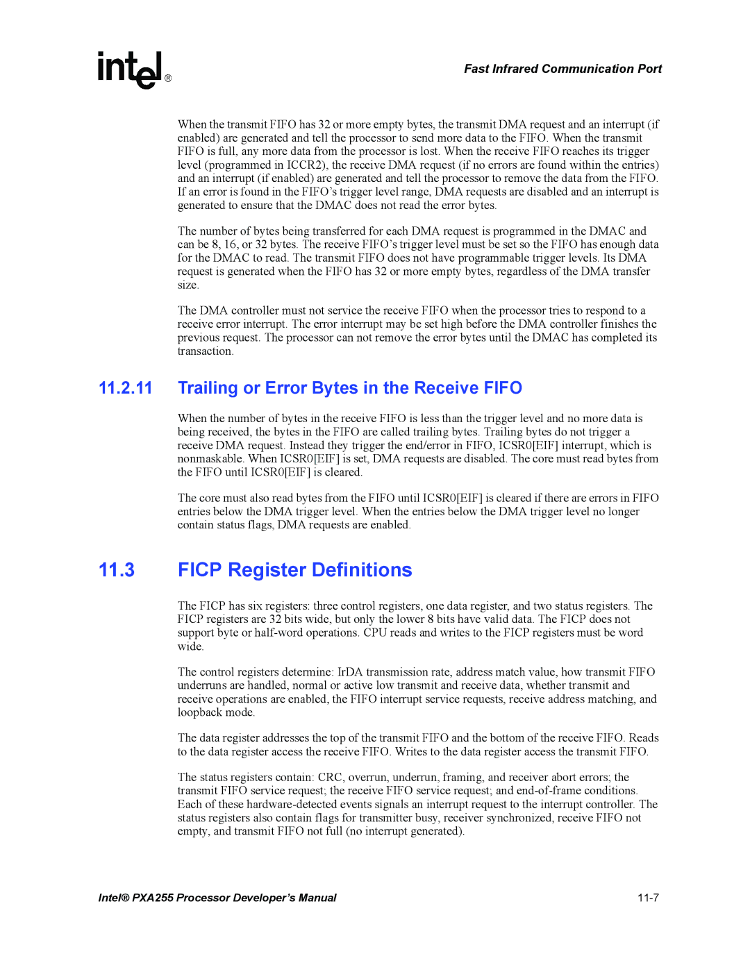 Intel PXA255 manual Ficp Register Definitions, Trailing or Error Bytes in the Receive Fifo 