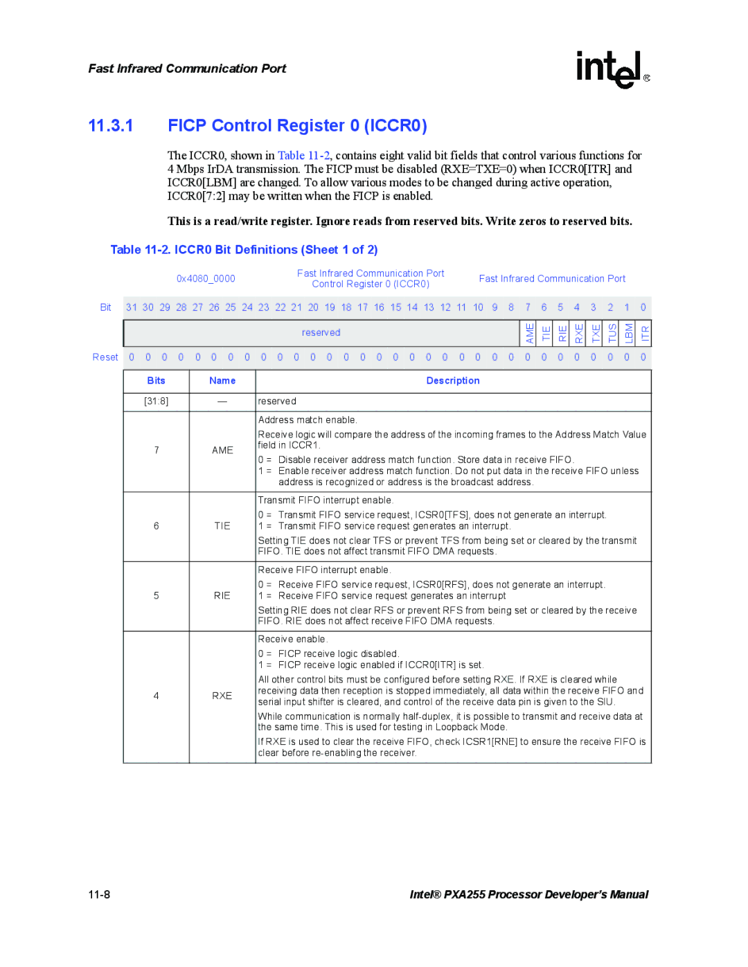 Intel PXA255 manual Ficp Control Register 0 ICCR0, ICCR0 Bit Definitions Sheet 1 