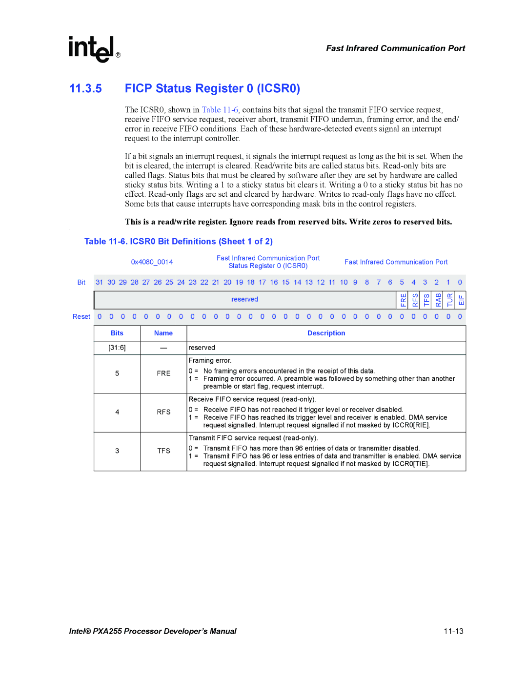 Intel PXA255 manual Ficp Status Register 0 ICSR0, ICSR0 Bit Definitions Sheet 1, Fre, Rfs, Tfs 