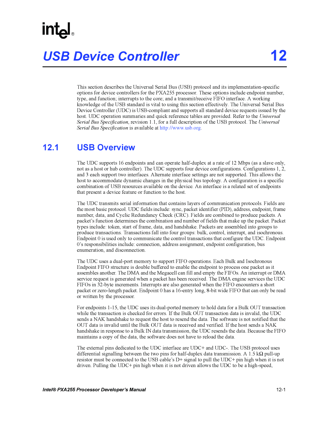 Intel PXA255 manual USB Device Controller, USB Overview 