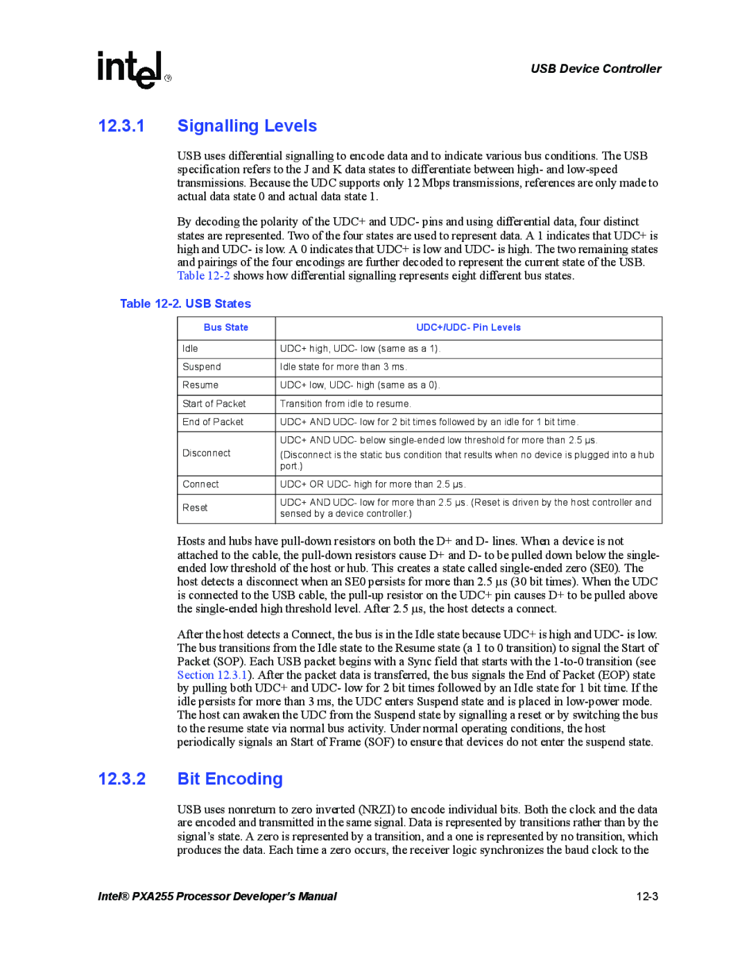 Intel PXA255 manual Signalling Levels, Bit Encoding, USB States, Bus State UDC+/UDC- Pin Levels 