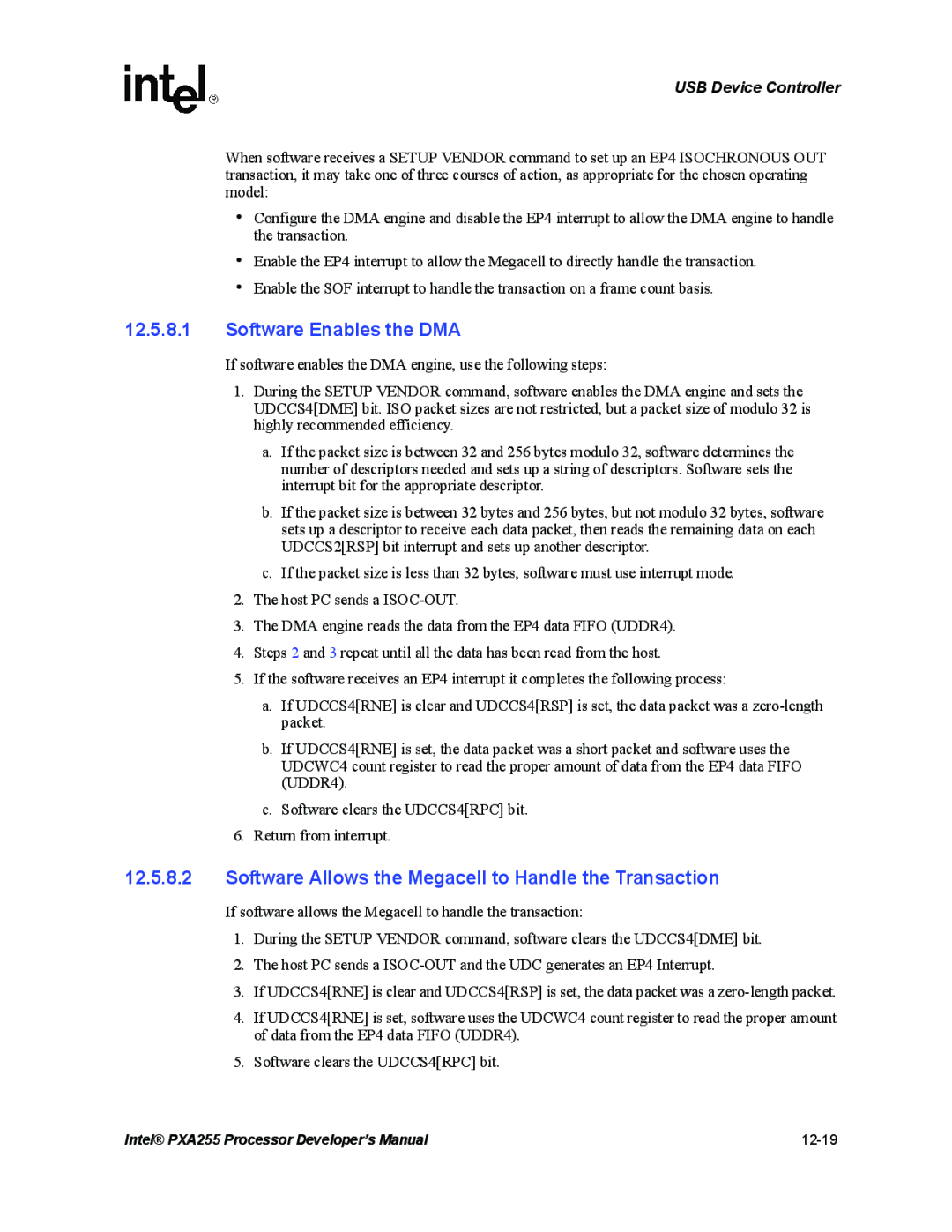 Intel manual Intel PXA255 Processor Developer’s Manual 12-19 