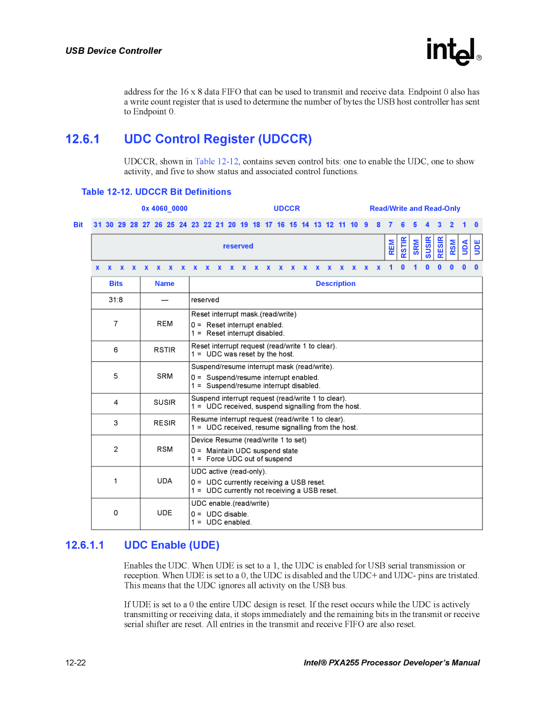 Intel PXA255 manual UDC Control Register Udccr, UDC Enable UDE, Udccr Bit Definitions 