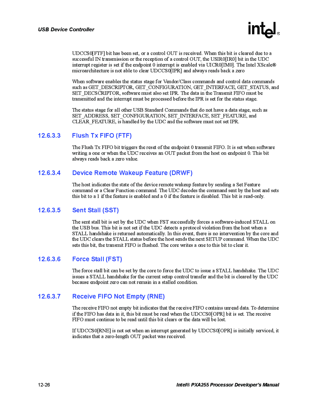 Intel PXA255 manual Flush Tx Fifo FTF, Device Remote Wakeup Feature Drwf, Sent Stall SST, Force Stall FST 