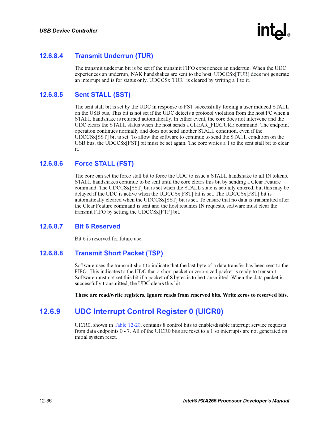 Intel PXA255 manual UDC Interrupt Control Register 0 UICR0, Transmit Underrun TUR 