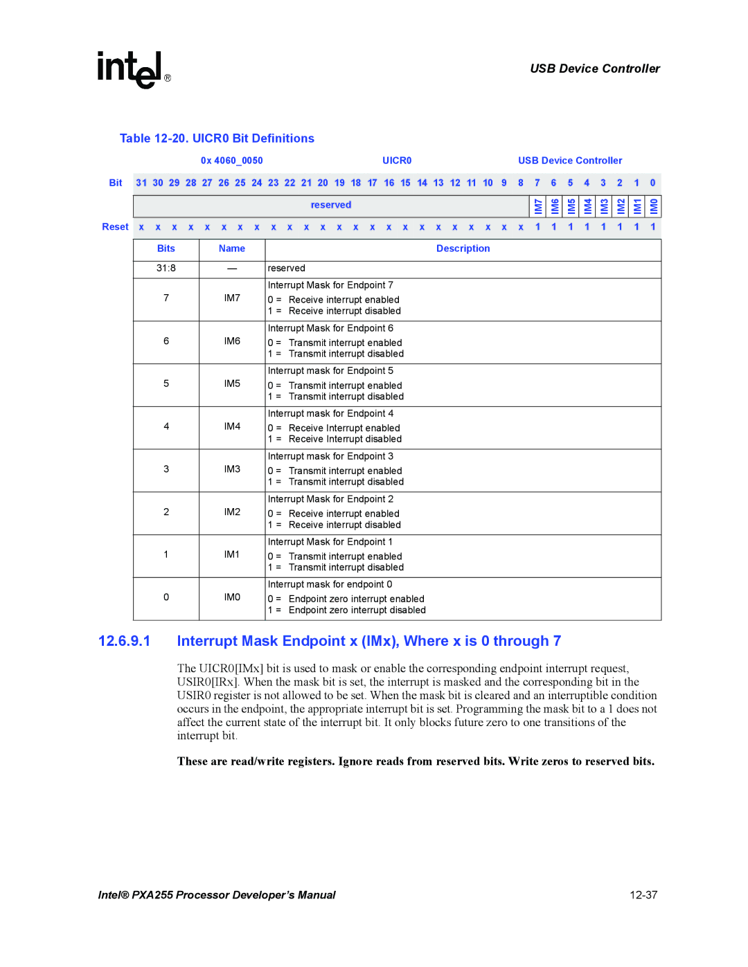 Intel PXA255 Interrupt Mask Endpoint x IMx, Where x is 0 through, UICR0 Bit Definitions, IM7 IM6 IM5 IM4 IM3 IM2 IM1 IM0 