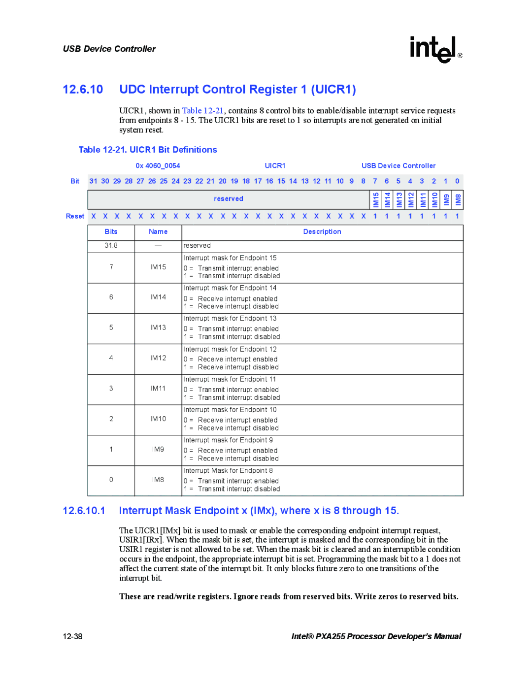 Intel PXA255 manual UDC Interrupt Control Register 1 UICR1, Interrupt Mask Endpoint x IMx, where x is 8 through 