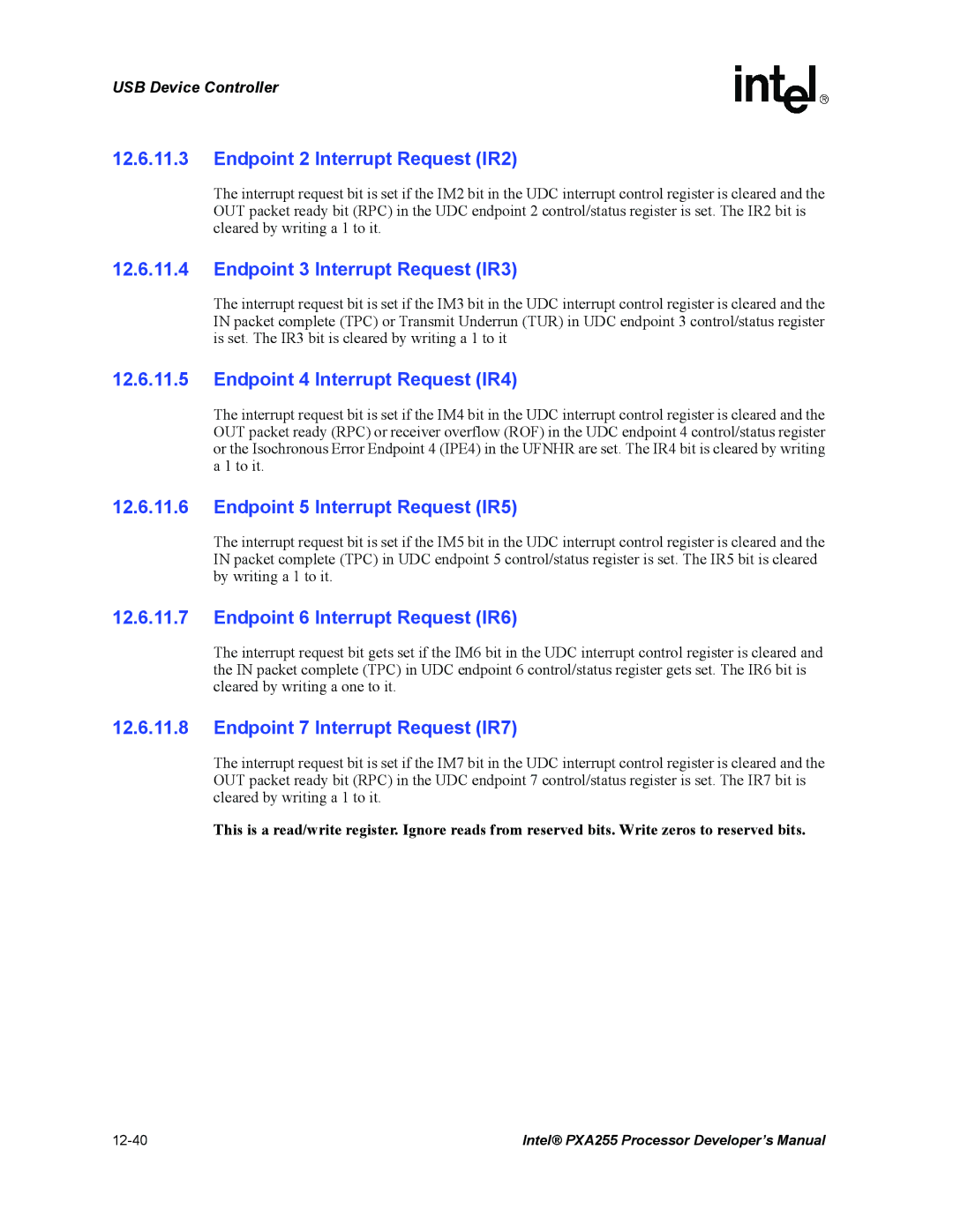 Intel PXA255 manual Endpoint 2 Interrupt Request IR2, Endpoint 3 Interrupt Request IR3, Endpoint 4 Interrupt Request IR4 