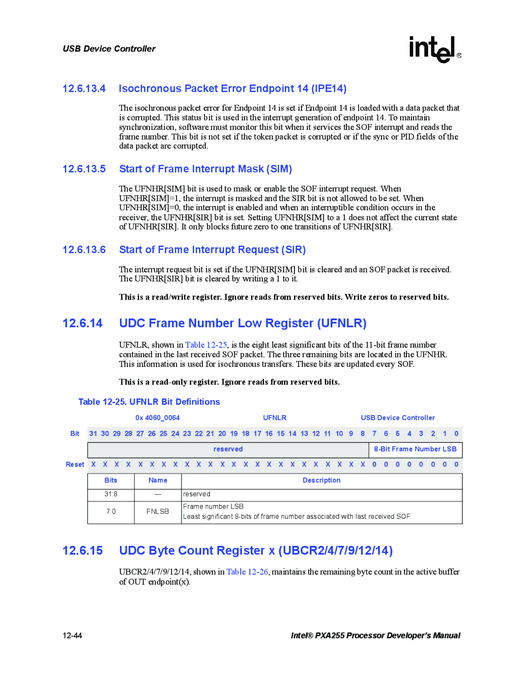 Intel PXA255 manual UDC Frame Number Low Register Ufnlr, UDC Byte Count Register x UBCR2/4/7/9/12/14 