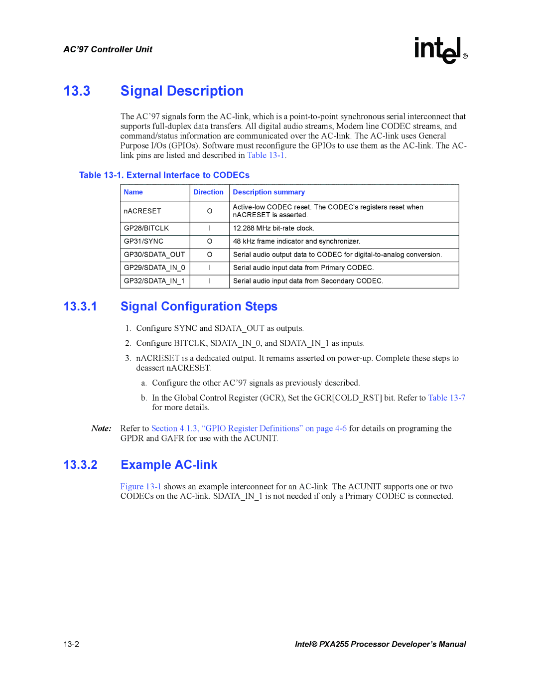 Intel PXA255 Signal Configuration Steps, Example AC-link, External Interface to CODECs, Name Direction Description summary 