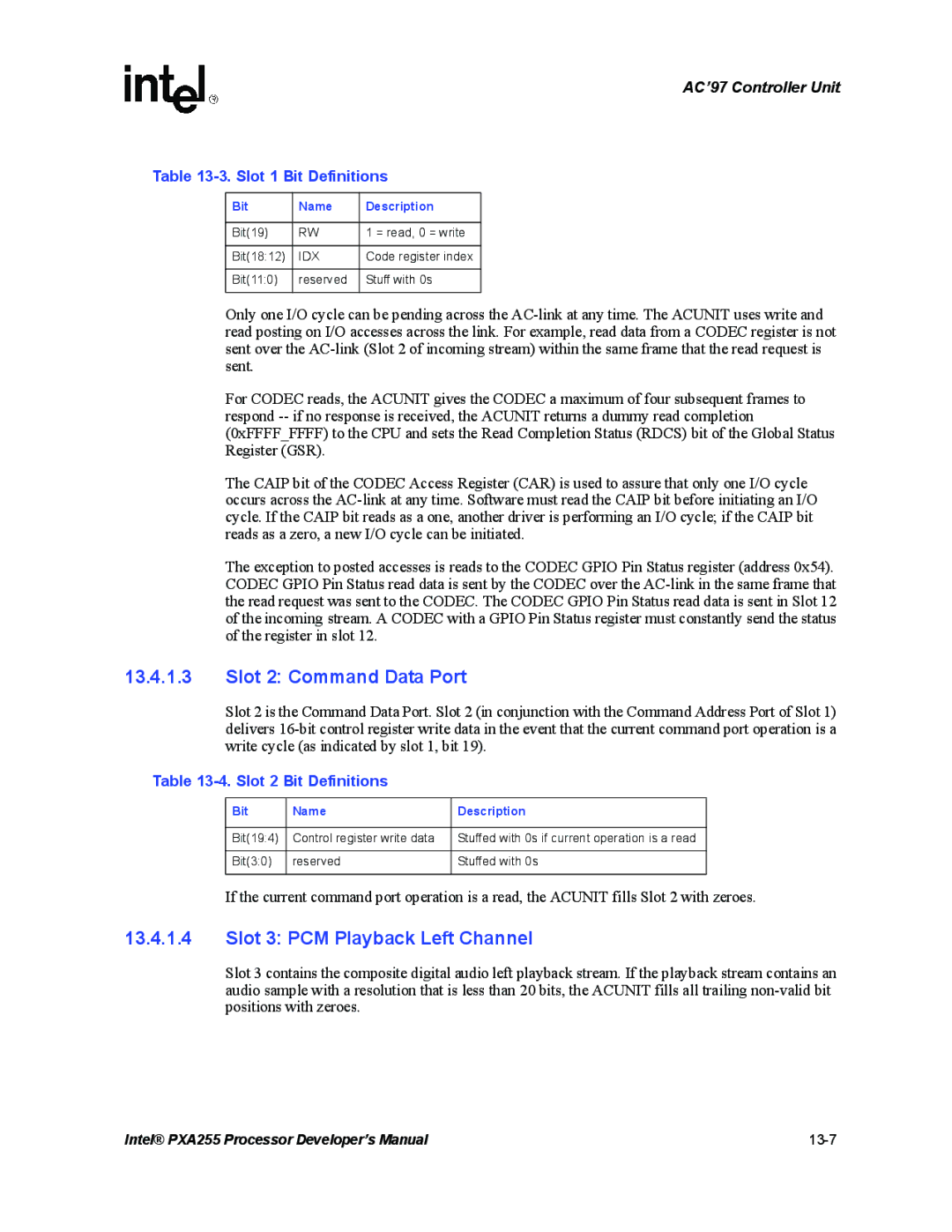 Intel PXA255 Slot 2 Command Data Port, Slot 3 PCM Playback Left Channel, Slot 1 Bit Definitions, Slot 2 Bit Definitions 