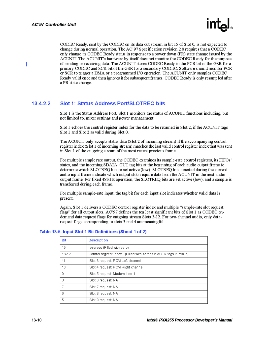 Intel PXA255 manual Slot 1 Status Address Port/SLOTREQ bits, Input Slot 1 Bit Definitions Sheet 1, Bit Description 