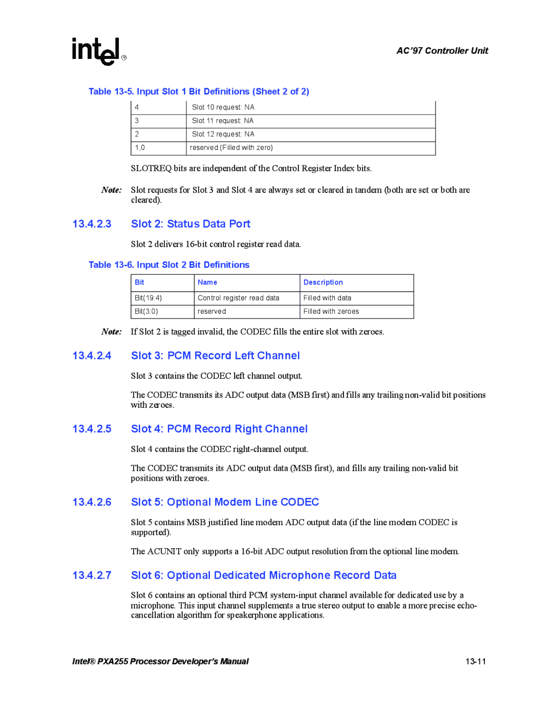 Intel PXA255 manual Slot 2 Status Data Port, Slot 3 PCM Record Left Channel, Slot 4 PCM Record Right Channel 